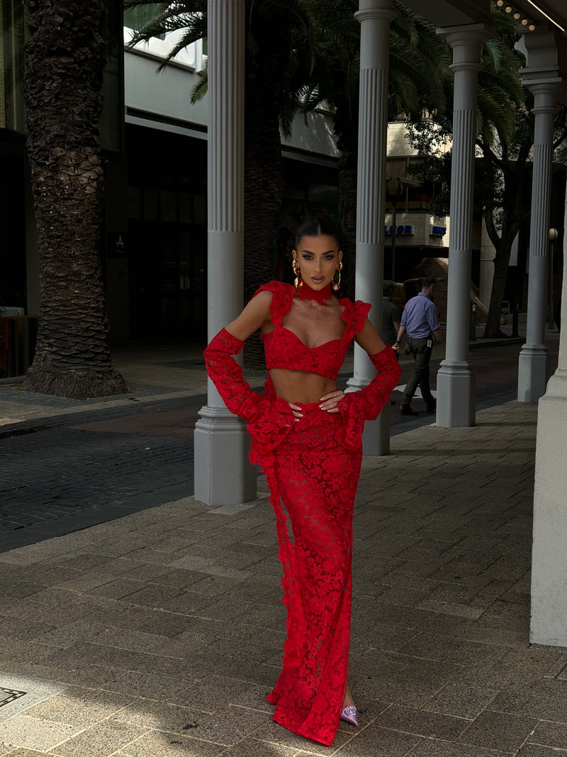 La Bonita Cropped Corset Red Lace and Necktie