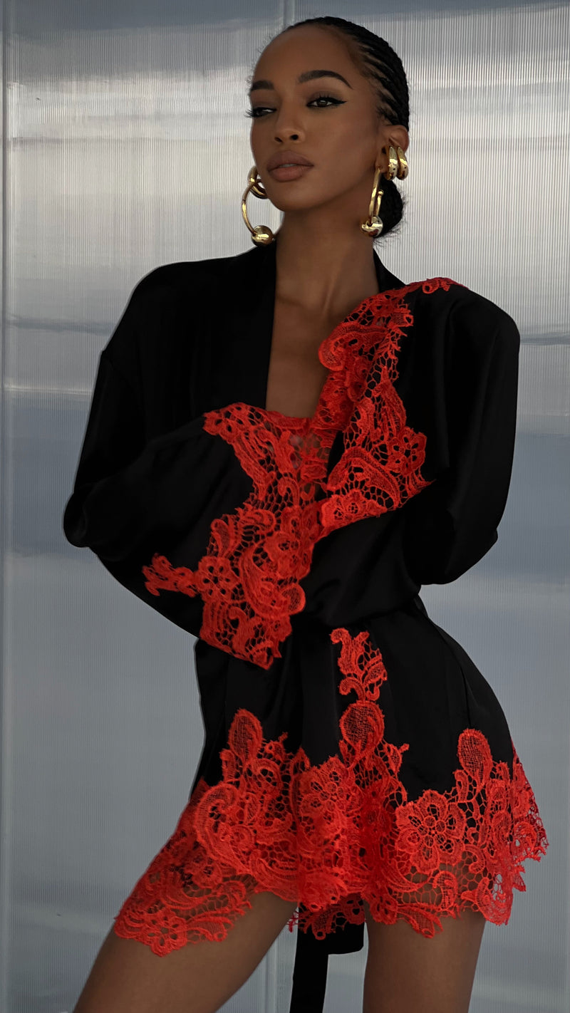 Rio Robe Black with Orange Red Lace Khirzad Rio Robe Black with Orange Red Lace Khirzad