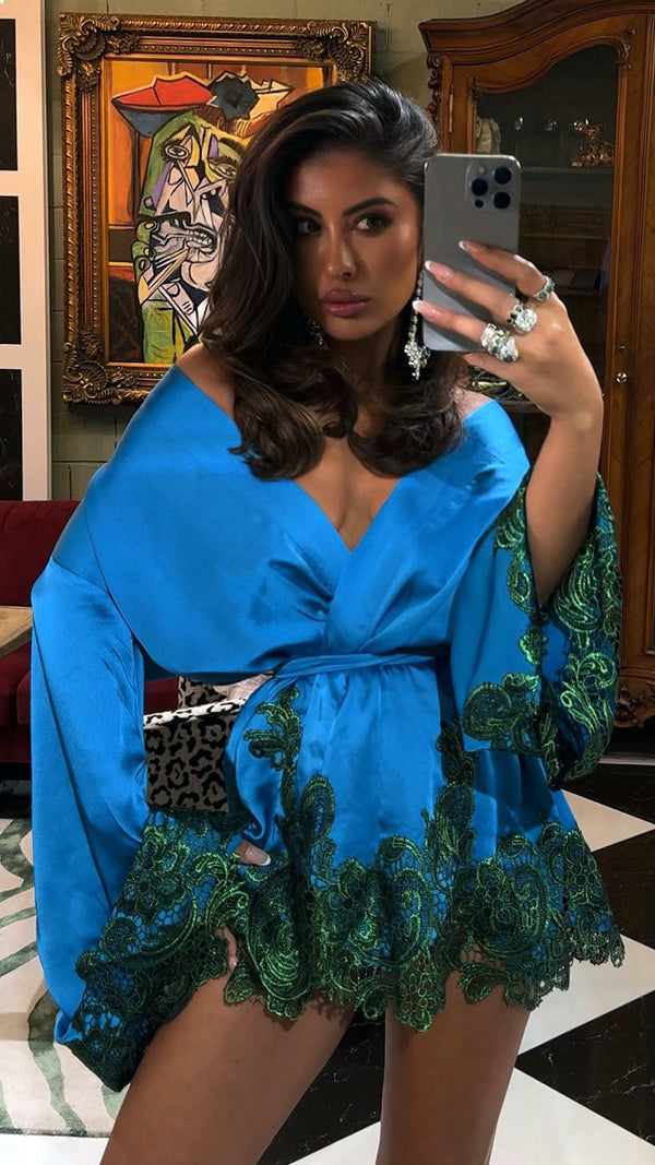 Rio Robe Aquamarine Blue with Green Lace