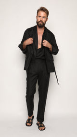 Carlos High Waist Trousers with Side Tabs Black Linen