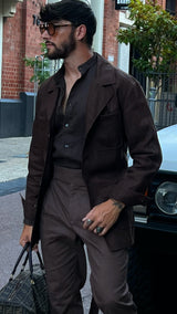 Carlos High Waist Trousers with Side Tabs Brown Linen