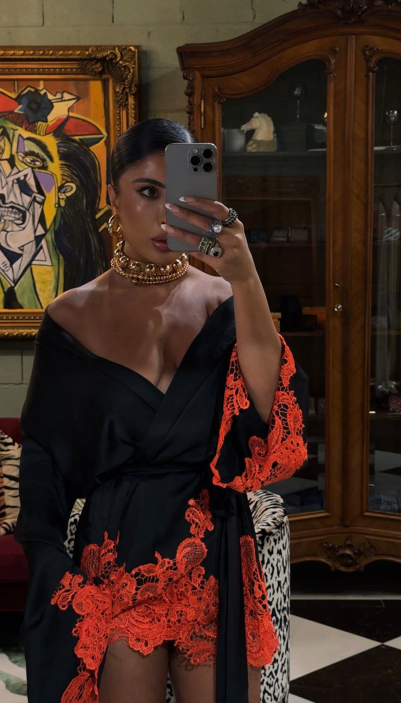 Rio Robe Black with Orange Lace