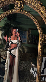 Rio Robe Long Ivory with Black Lace