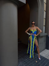 Rio Long Slip Dress Ocean Blue with Lime Green Lace