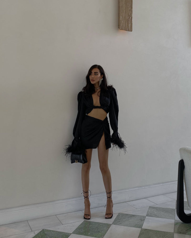 Tulum Feather Wrap Top Black Silk
