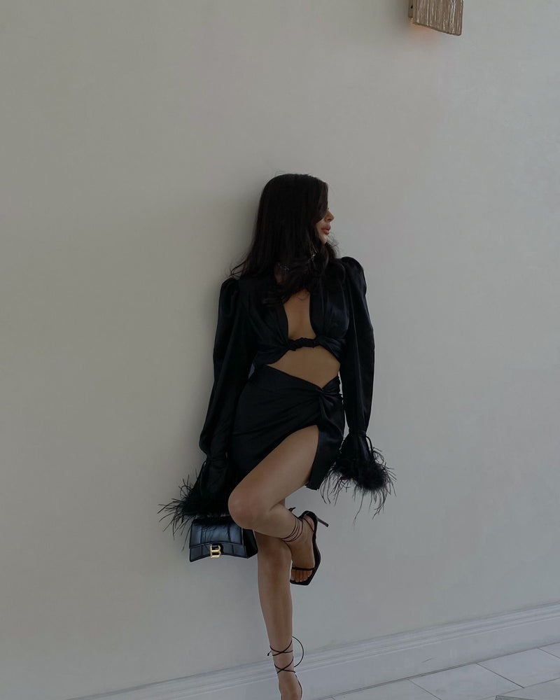 Tulum Feather Wrap Top Black Silk