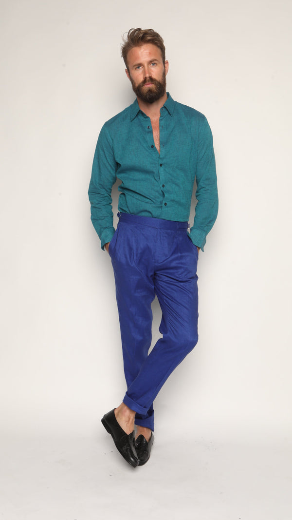 Luca Safari Linen Shirt with French Collar Teal