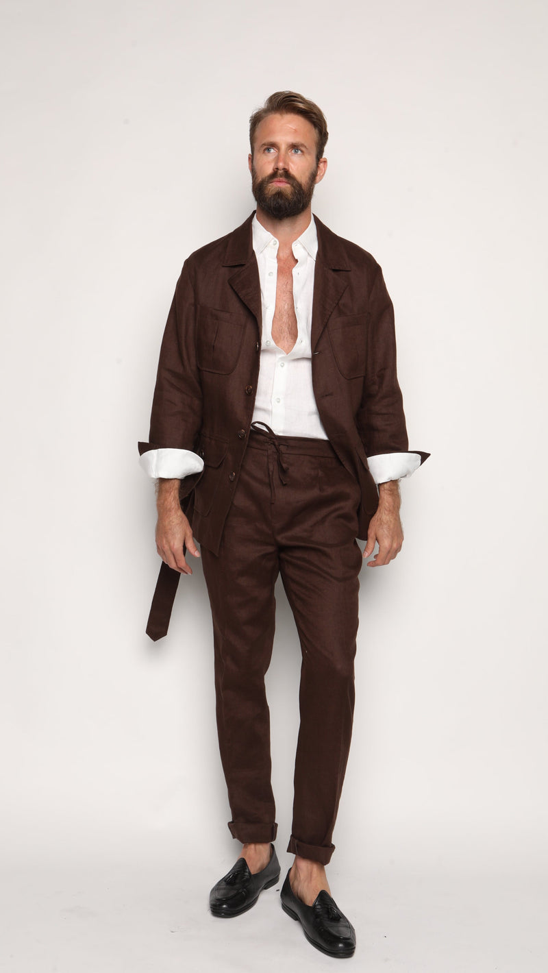 Misha High Waist Drawstring Trousers Brown Linen