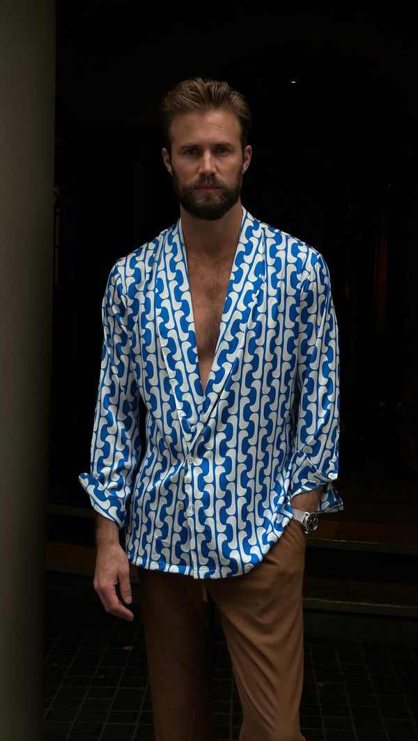 Nico Shawl Neck Shirt Jacket in Blue and White Silk