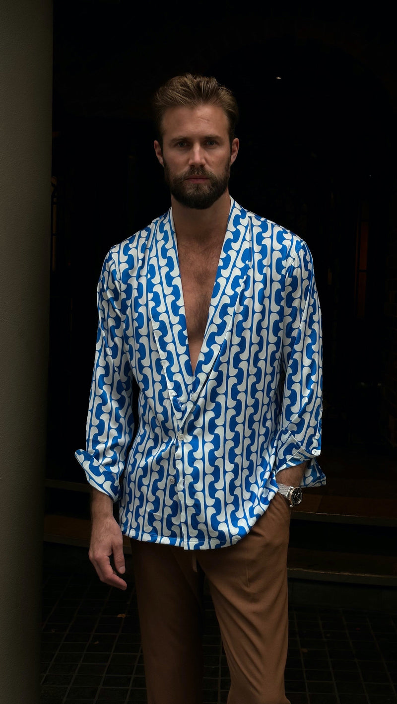 Nico Shawl Neck Shirt Jacket in Blue and White Silk