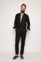 Carlos High Waist Trousers with Side Tabs Black Linen