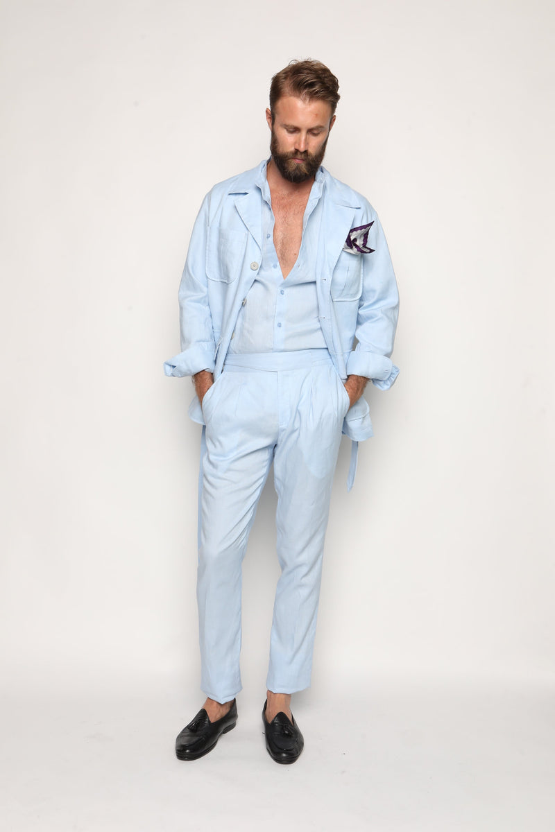 Romano Safari Linen Shirt with Mandarin Collar Baby Blue