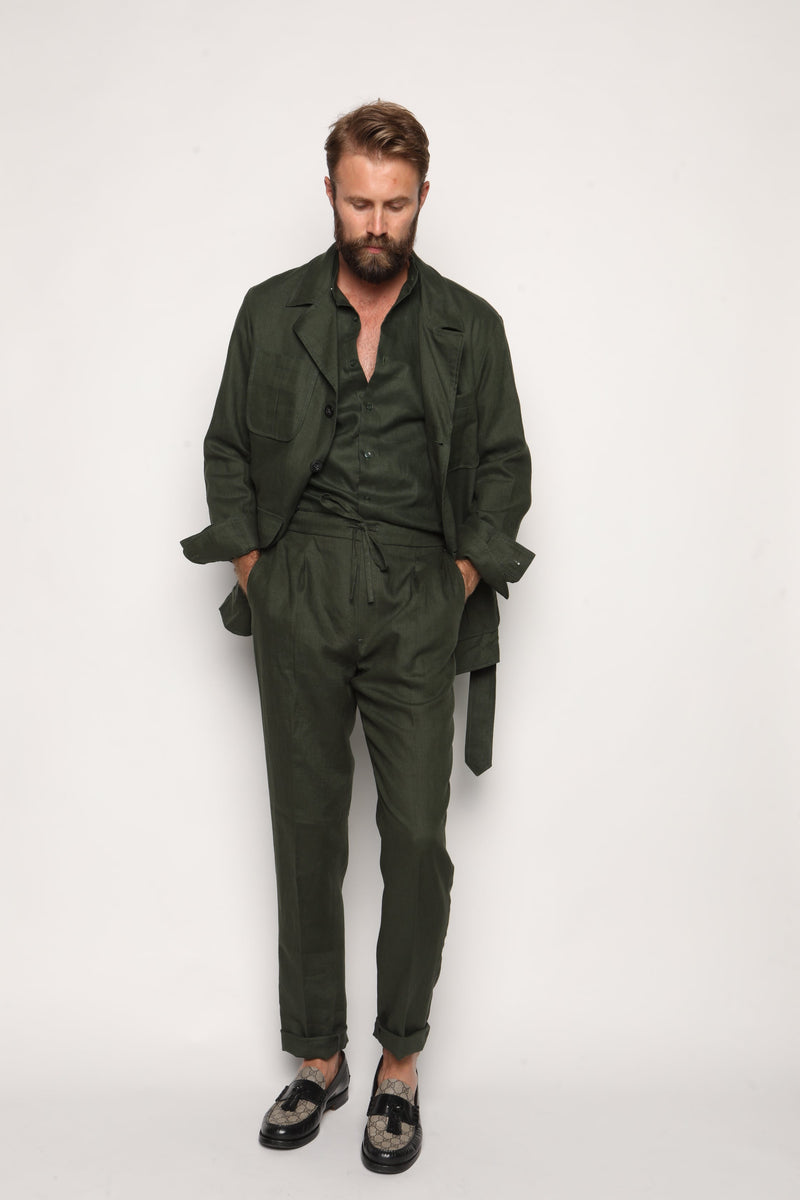 Romano Safari Linen Shirt with Mandarin Collar Forrest Green