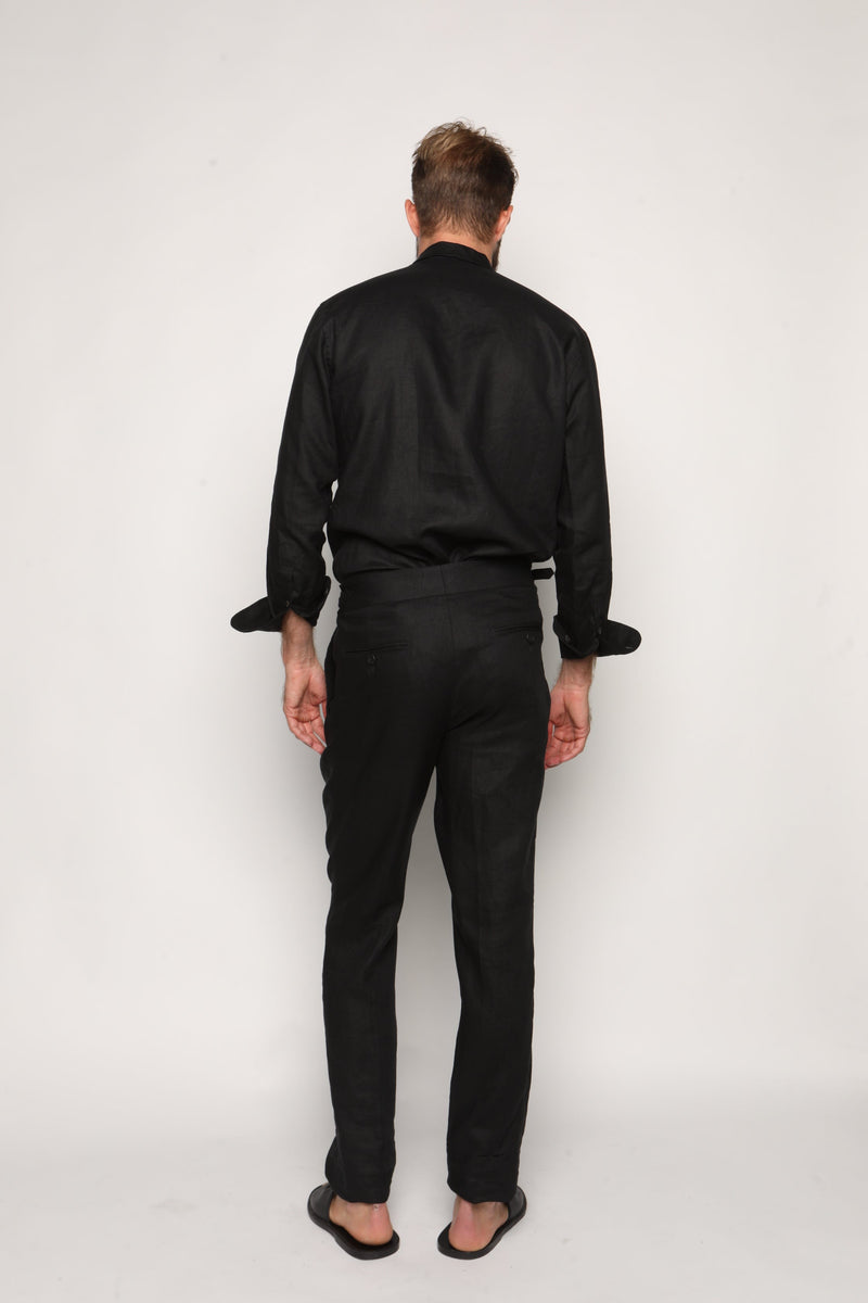 Carlos High Waist Trousers with Side Tabs Black Linen