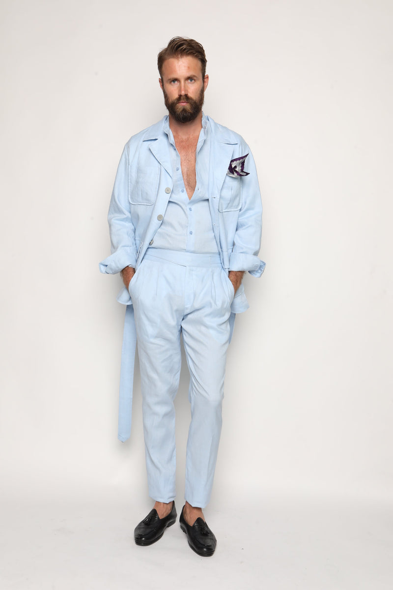 Romano Safari Linen Shirt with Mandarin Collar Baby Blue