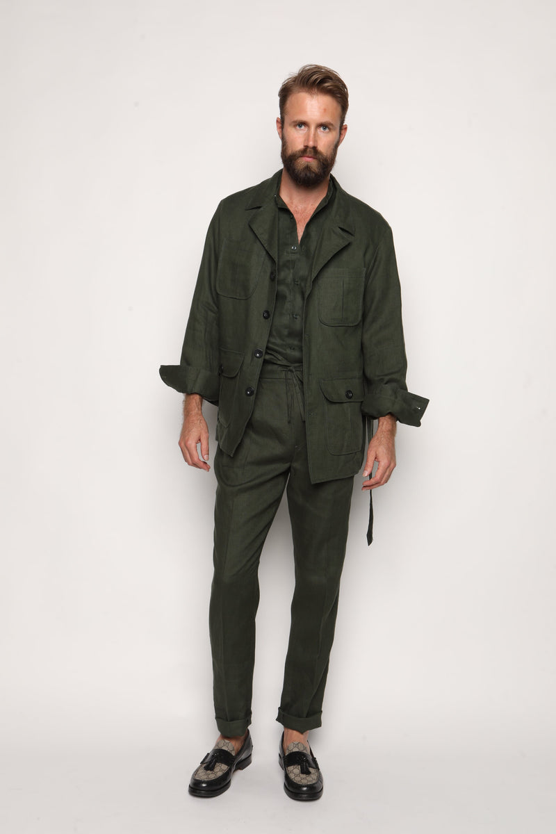 Romano Safari Linen Shirt with Mandarin Collar Forrest Green