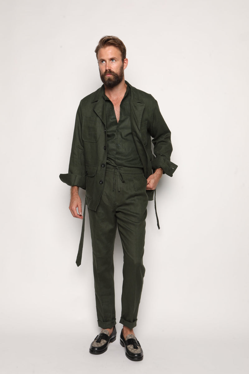 Romano Safari Linen Shirt with Mandarin Collar Forrest Green
