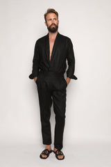 Carlos High Waist Trousers with Side Tabs Black Linen