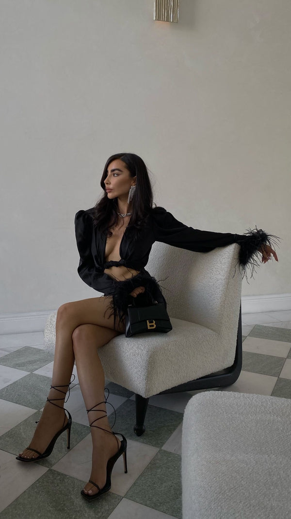 Tulum Feather Wrap Top Black Silk