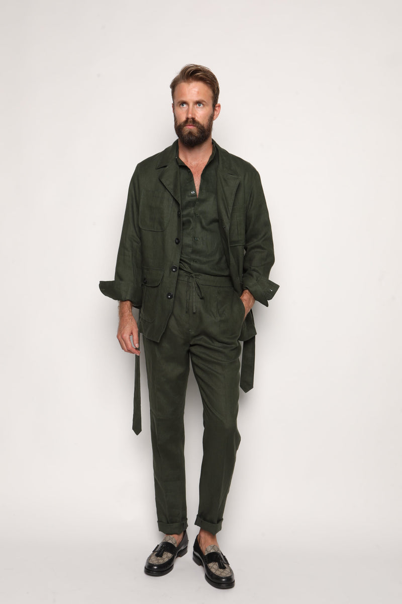 Romano Safari Linen Shirt with Mandarin Collar Forrest Green
