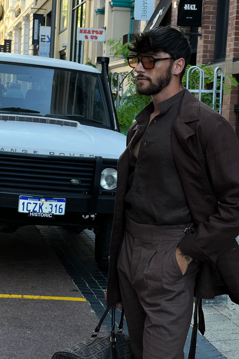 Carlos High Waist Trousers with Side Tabs Brown Linen