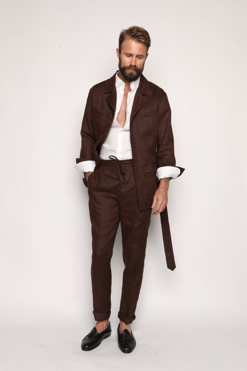 Misha High Waist Drawstring Trousers Brown Linen