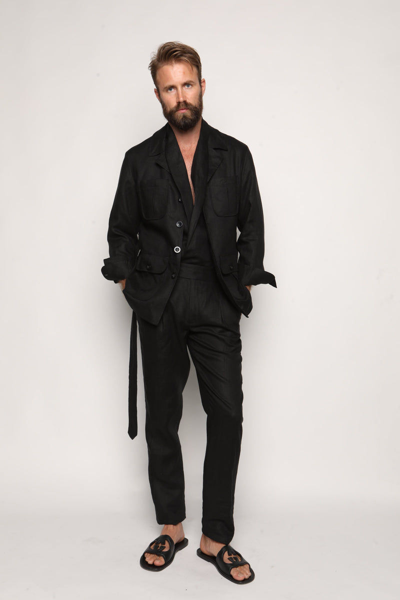 Carlos High Waist Trousers with Side Tabs Black Linen