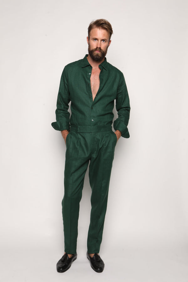Carlos High Waist Trousers with Side Tabs Peacock Green Linen