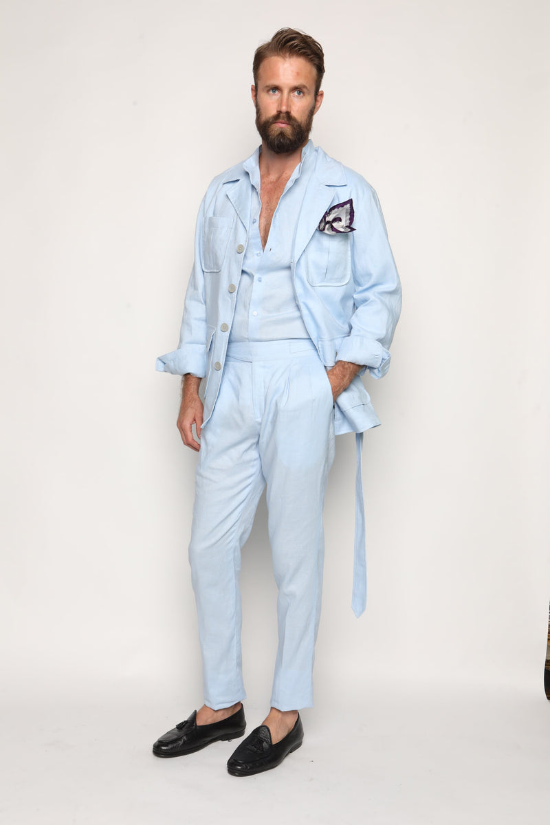 Romano Safari Linen Shirt with Mandarin Collar Baby Blue