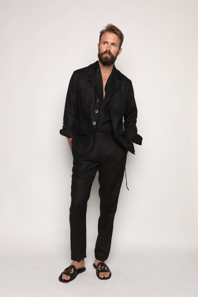 Carlos High Waist Trousers with Side Tabs Black Linen