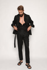 Carlos High Waist Trousers with Side Tabs Black Linen