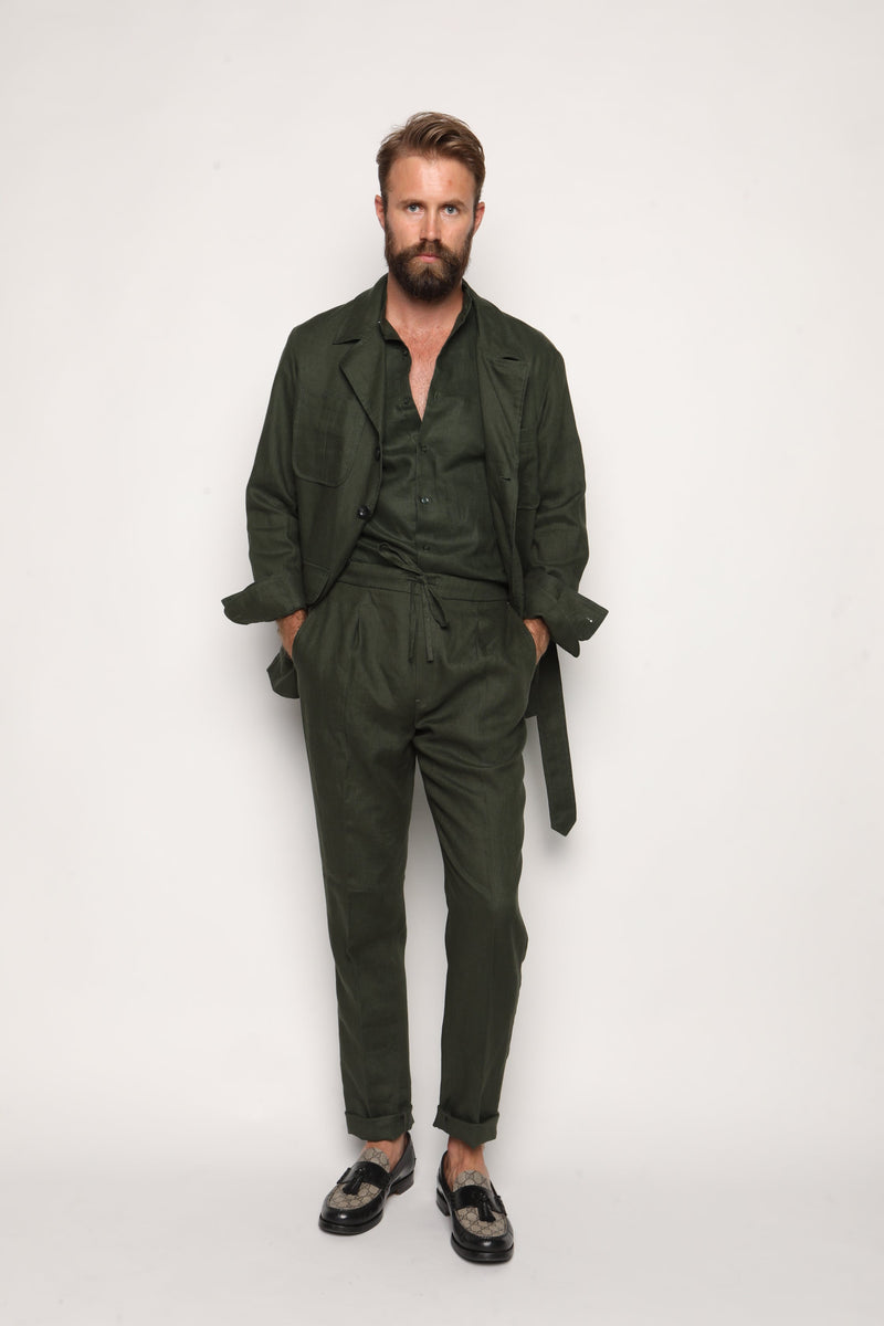 Romano Safari Linen Shirt with Mandarin Collar Forrest Green