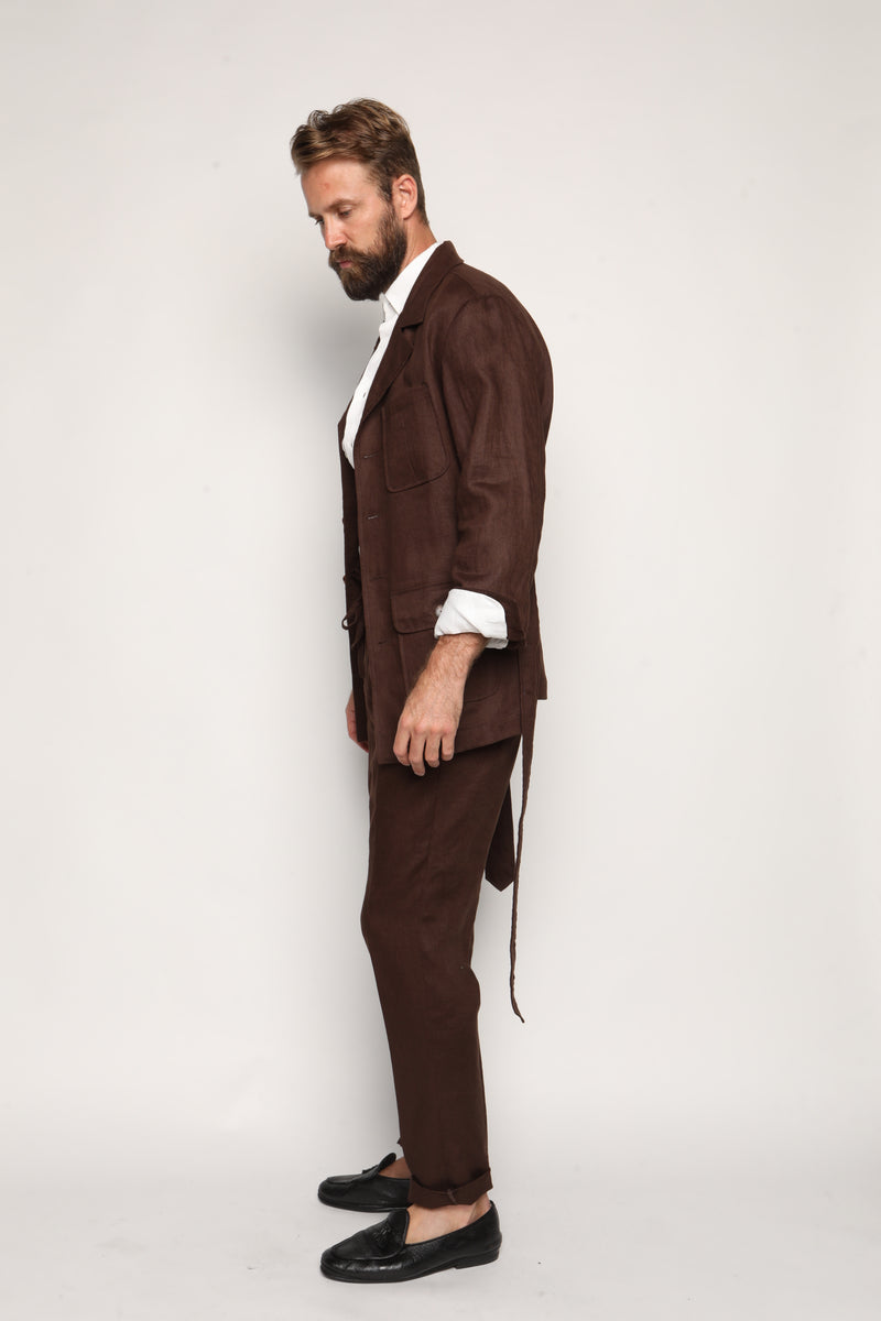 Misha High Waist Drawstring Trousers Brown Linen