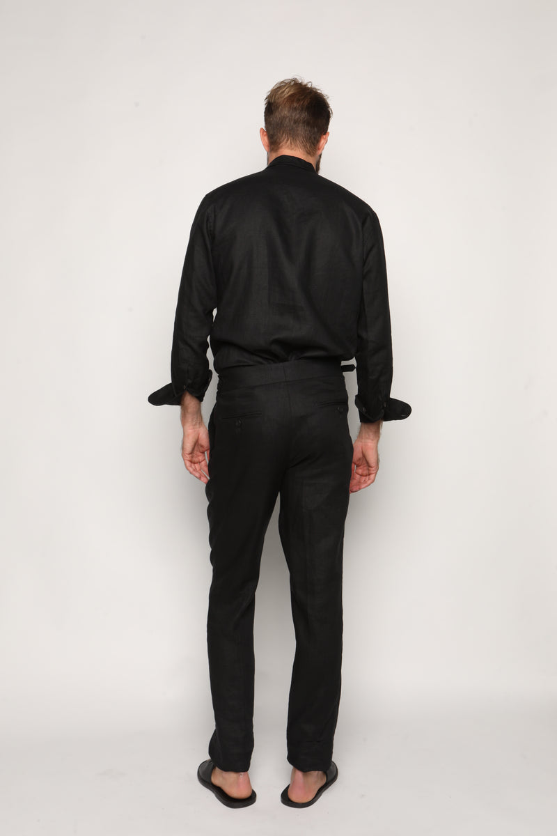 Carlos High Waist Trousers with Side Tabs Black Linen