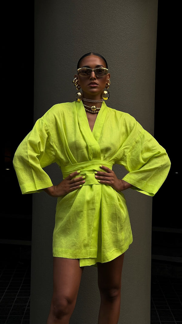 Lino Rio Robe Short Fluro Yellow Linen
