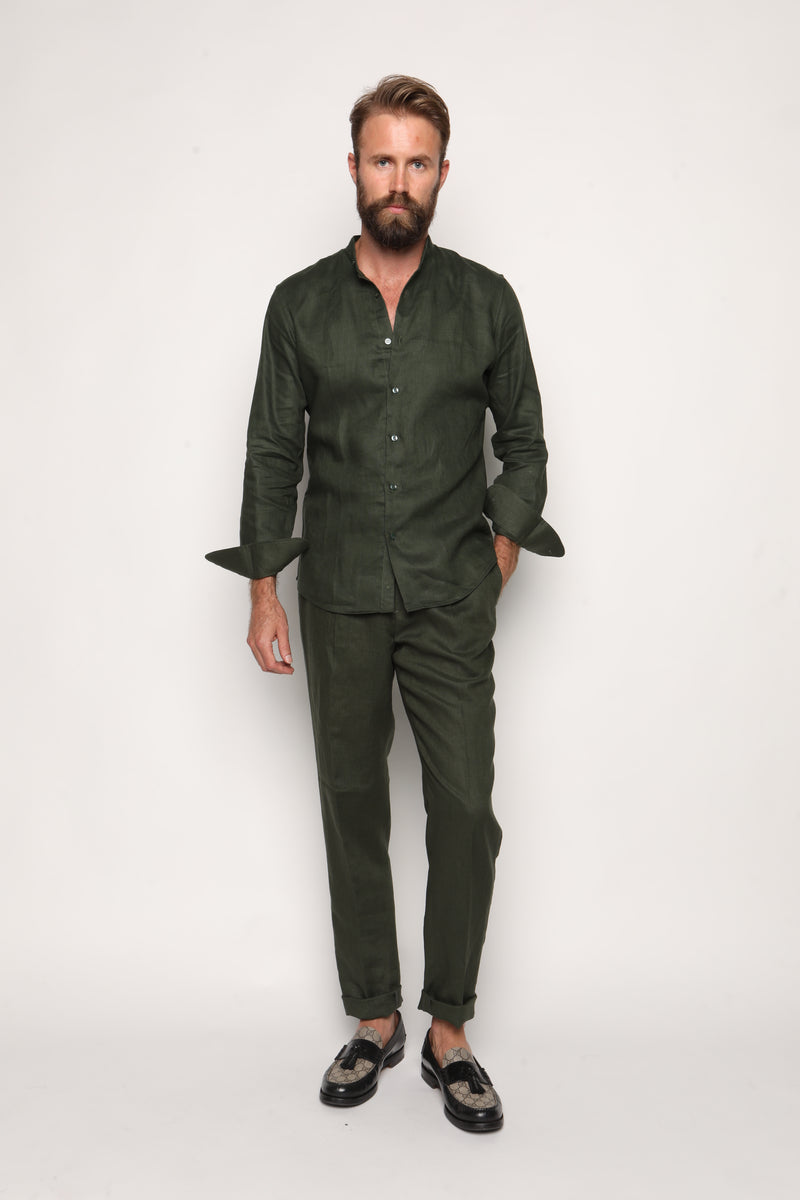 Romano Safari Linen Shirt with Mandarin Collar Forrest Green