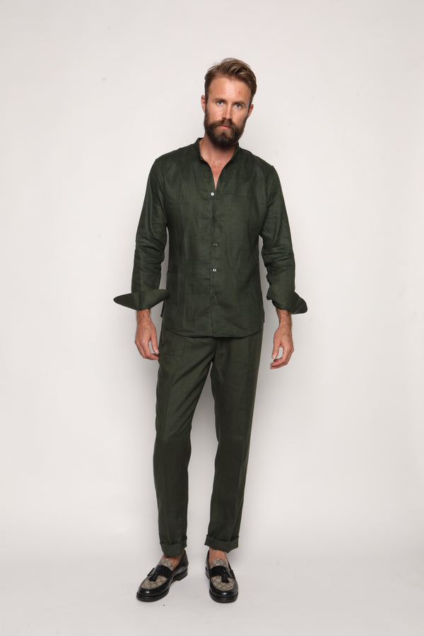 Romano Safari Linen Shirt with Mandarin Collar Forrest Green