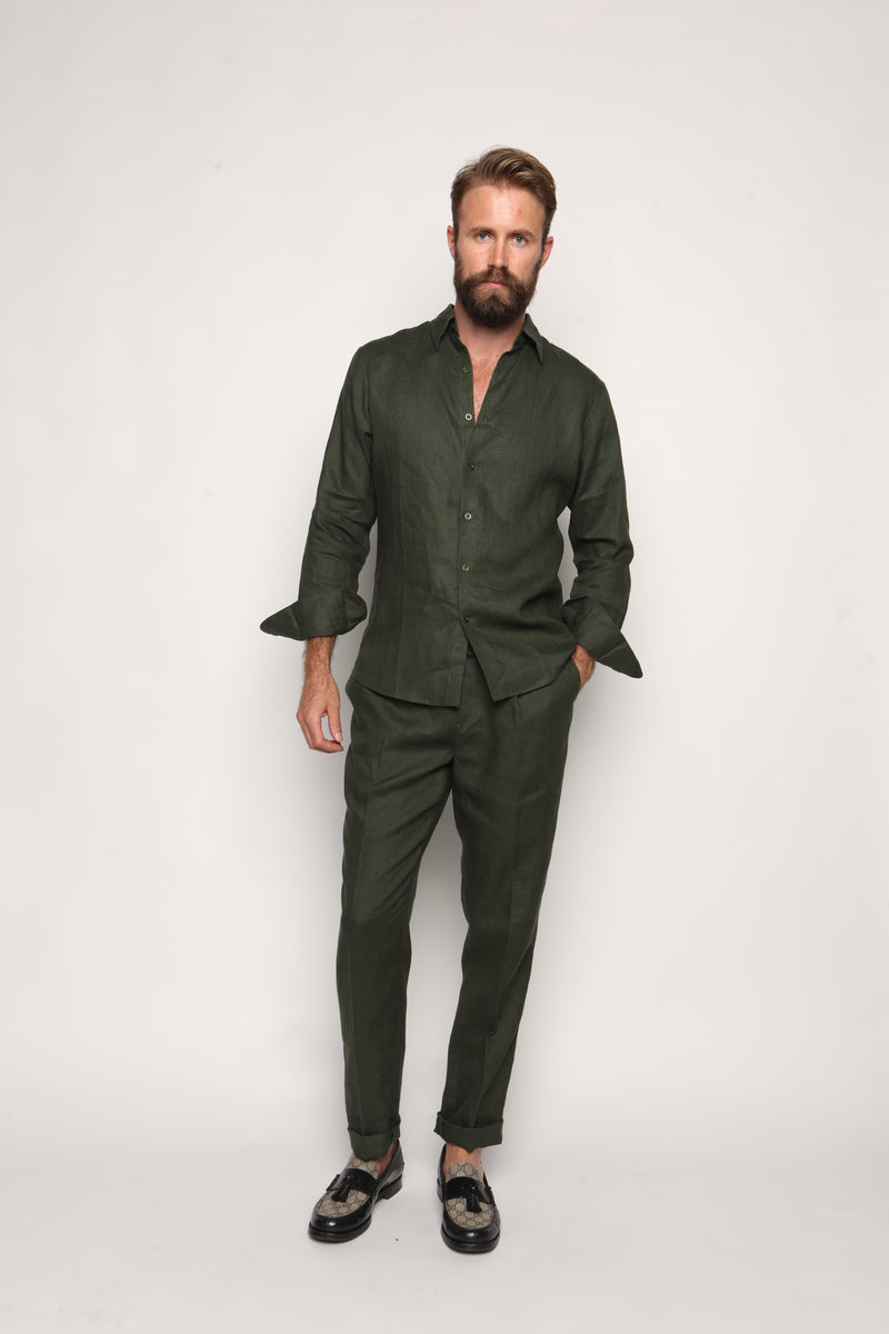 Luca Safari Linen Shirt with French Collar Forrest Green