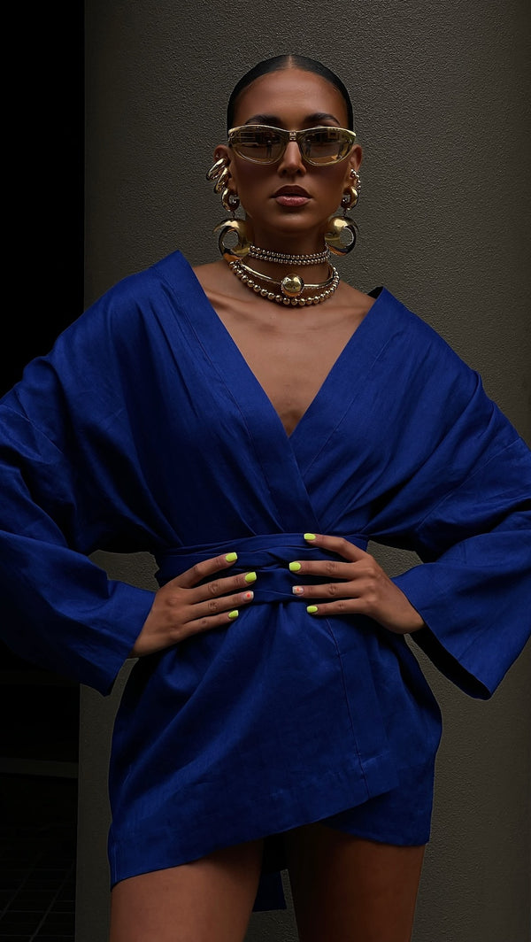 Lino Rio Robe Short Cobalt Blue Linen