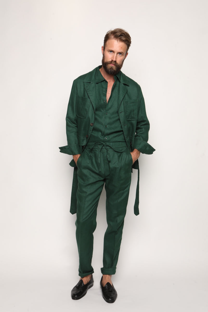 Misha High Waist Drawstring Trousers Peacock Green Linen