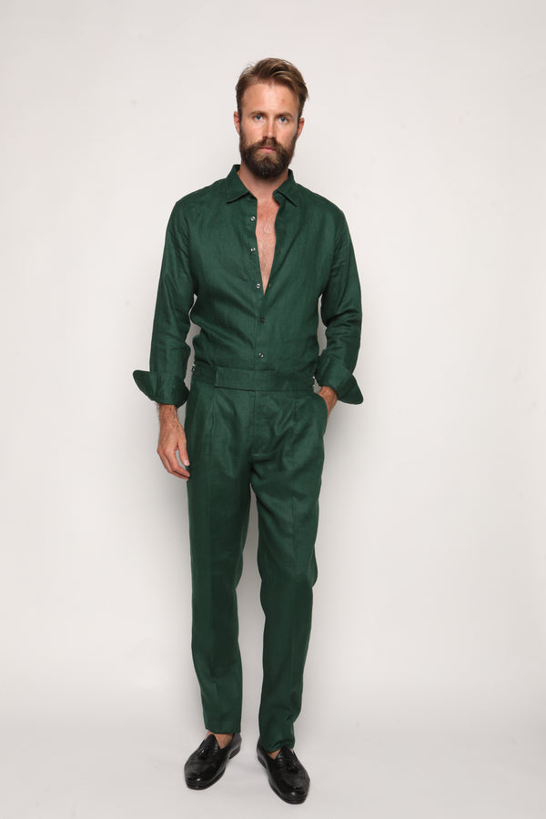 Carlos High Waist Trousers with Side Tabs Peacock Green Linen