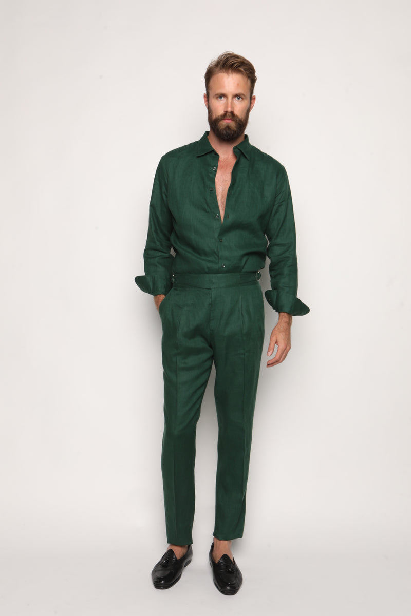 Carlos High Waist Trousers with Side Tabs Peacock Green Linen
