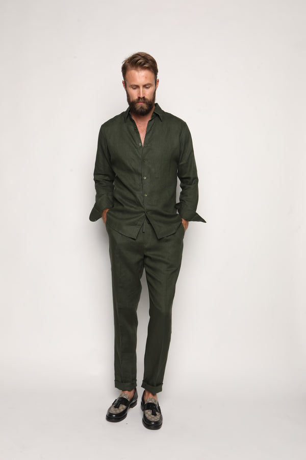 Luca Safari Linen Shirt with French Collar Forrest Green